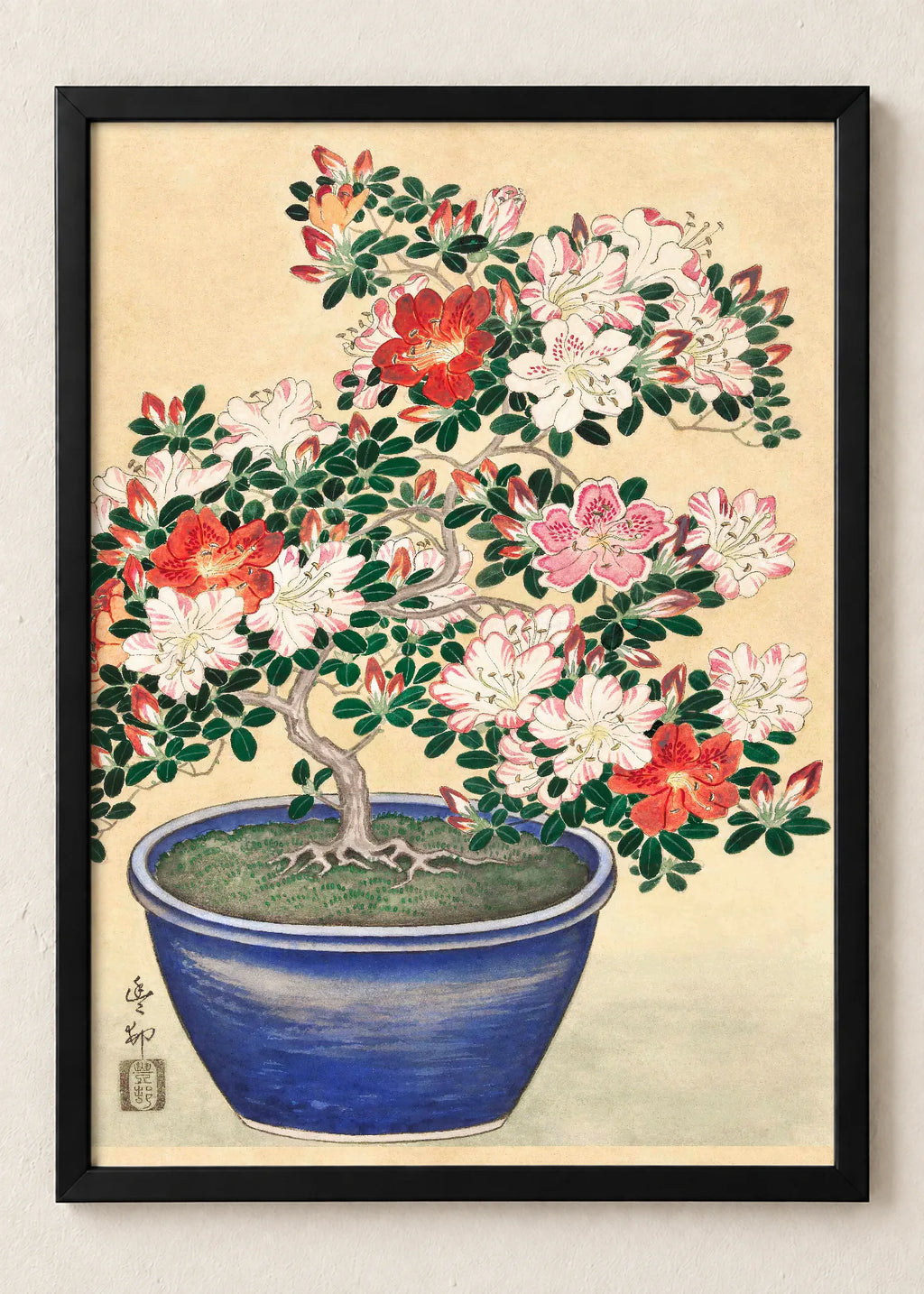 Azaleje i cvetne grane: set od 3 postera, Azalea Bonsai in a Blue Pot, u crnim ramu