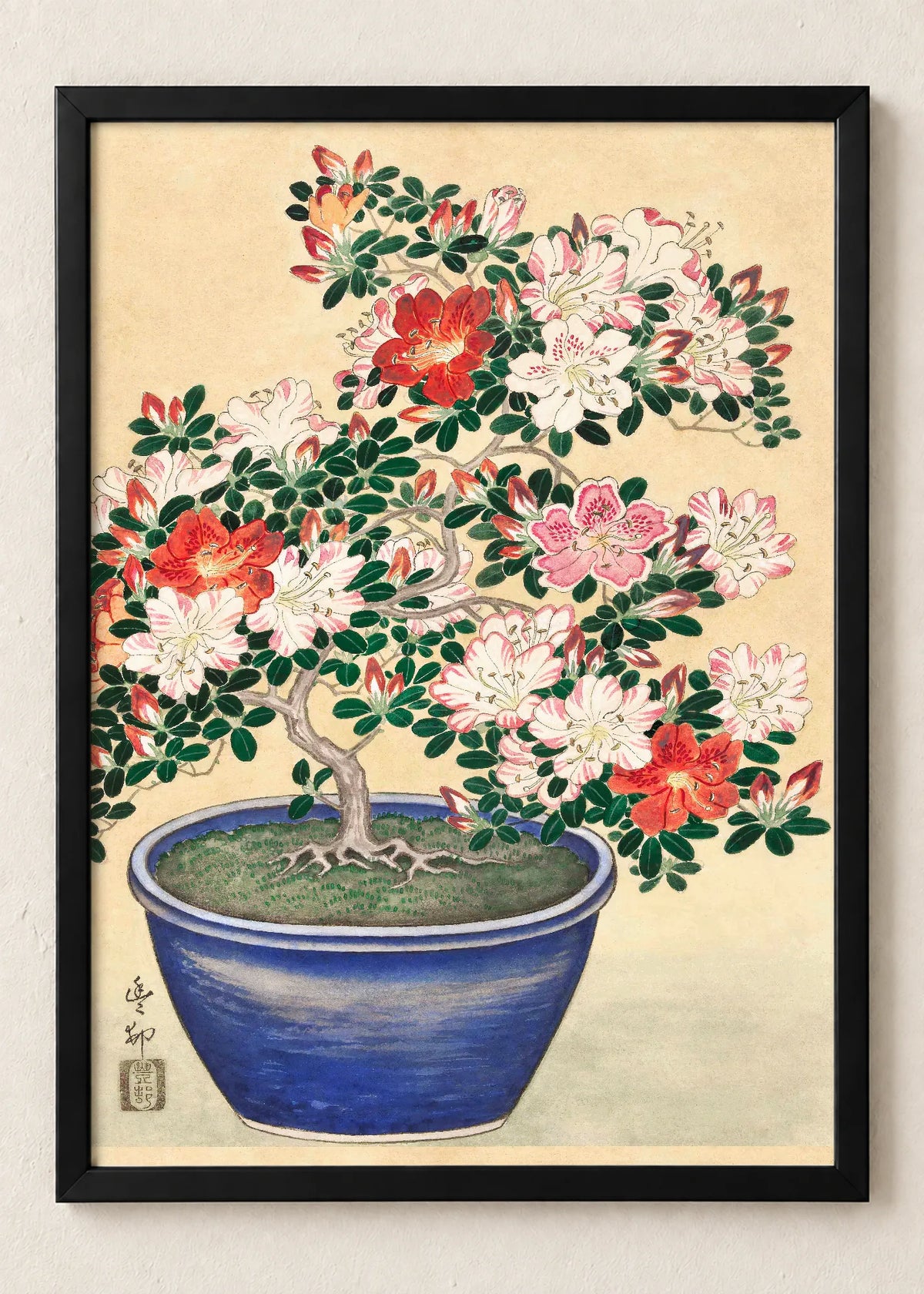 Azaleje i cvetne grane: set od 3 postera, Azalea Bonsai in a Blue Pot, u crnim ramu