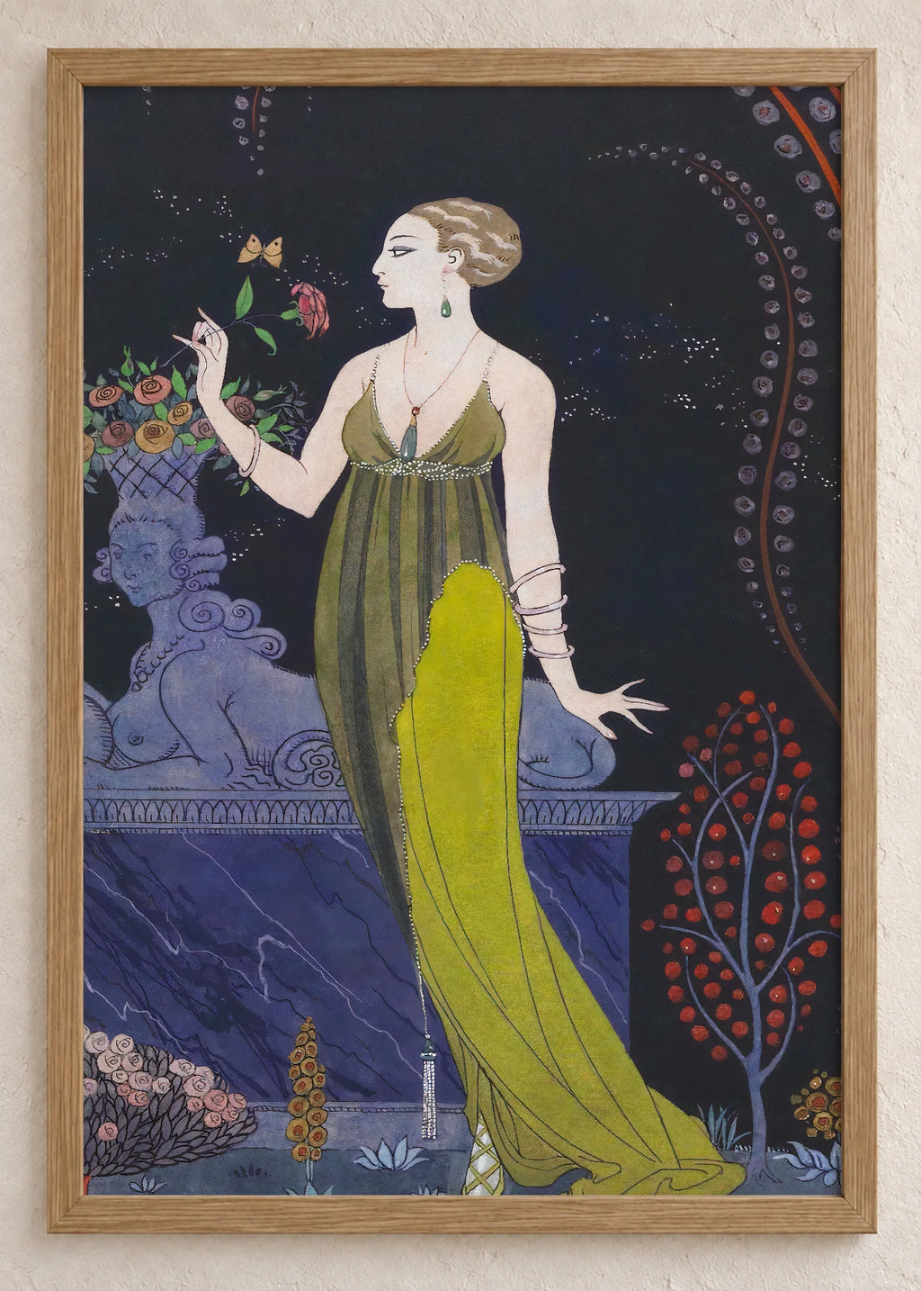 Georges Barbier: moda i boje, set od 4 postera, For Cartier - Woman with Sphinx and Roses, u braon ramu
