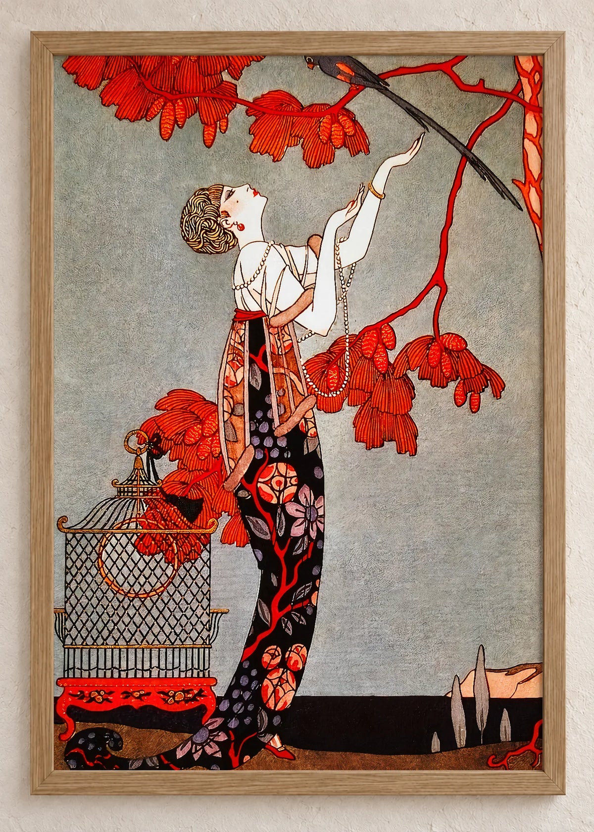 Georges Barbier: moda i boje, set od 4 postera, Woman with Bird and Birdcage, u braon ramu