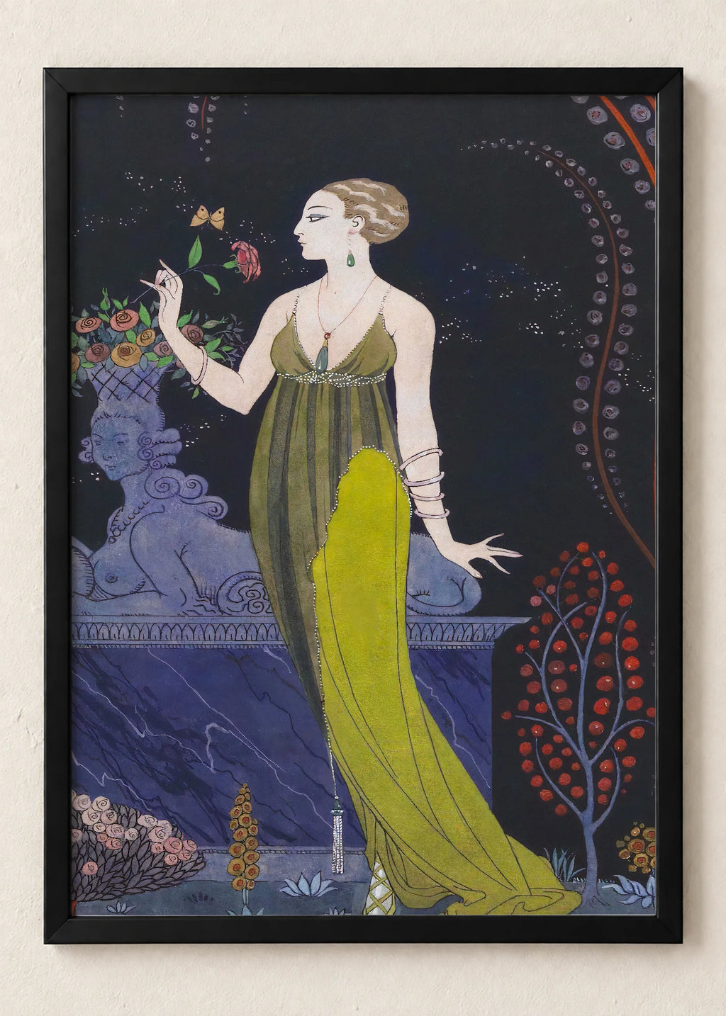 Georges Barbier: moda i boje, set od 4 postera, For Cartier - Woman with Sphinx and Roses, u crnim ramu