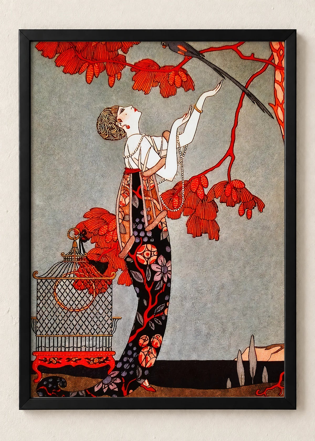Georges Barbier: moda i boje, set od 4 postera, Woman with Bird and Birdcage, u crnim ramu
