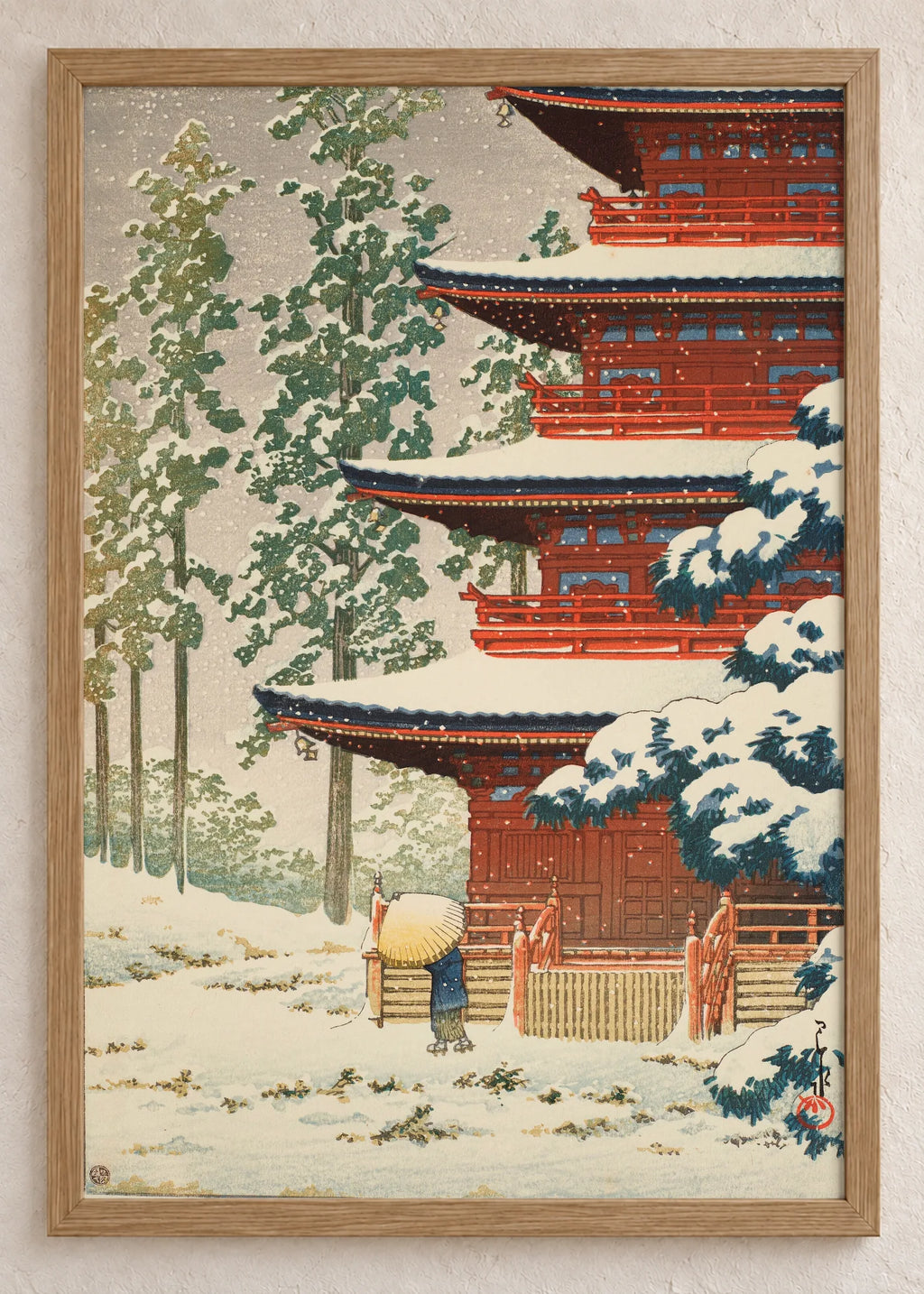 Hramovi u snegu: set od 3 postera, Red Pagoda in Snow, u braon ramu