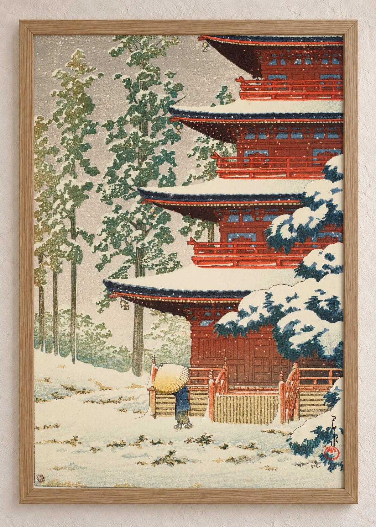 Hramovi u snegu: set od 3 postera, Red Pagoda in Snow, u braon ramu