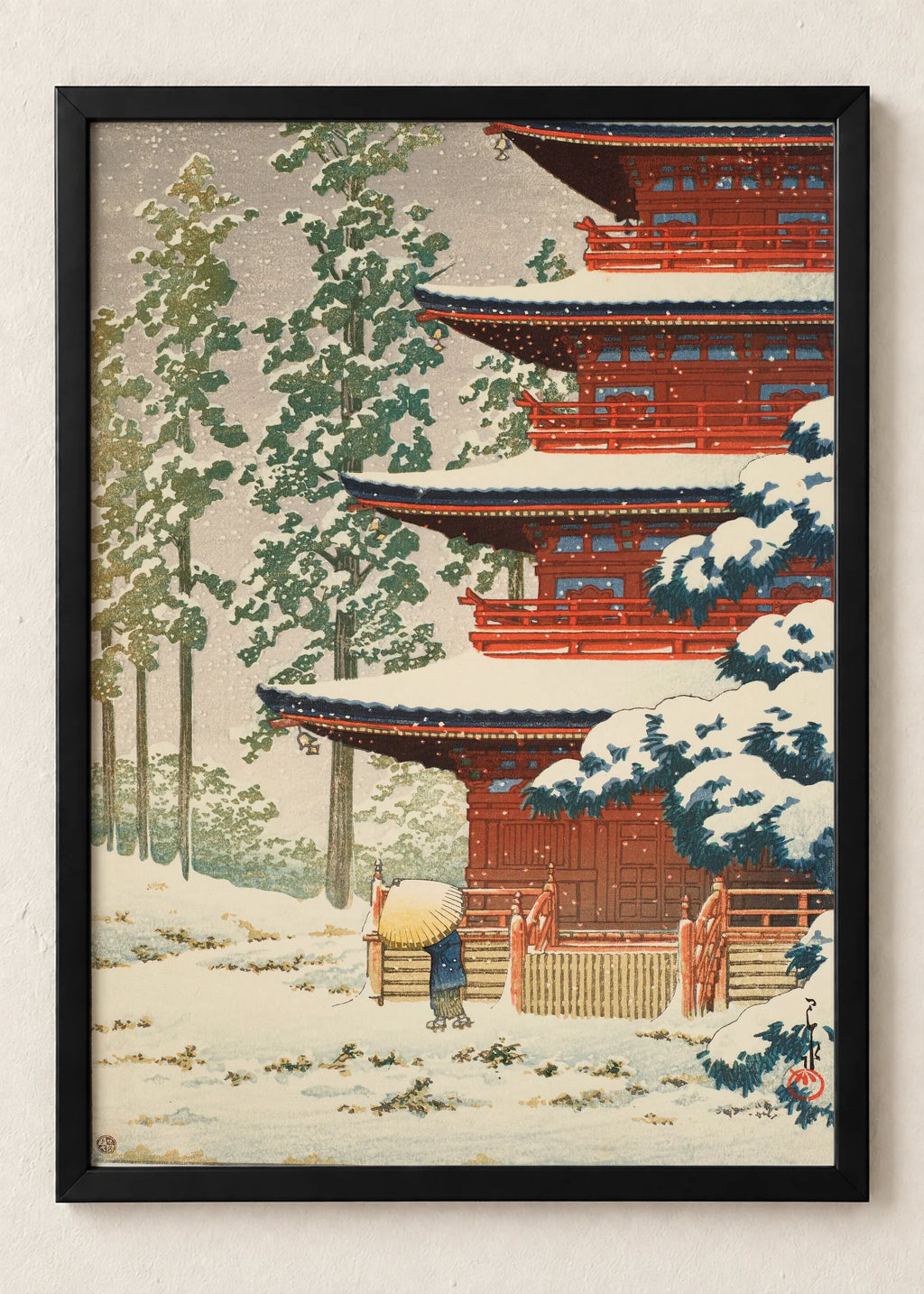 Hramovi u snegu: set od 3 postera, Red Pagoda in Snow, u crnim ramu
