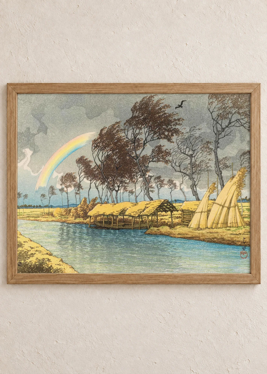 Japan posle kiše: set od 4 postera, Rainbow over River Landscape, u braon ramu