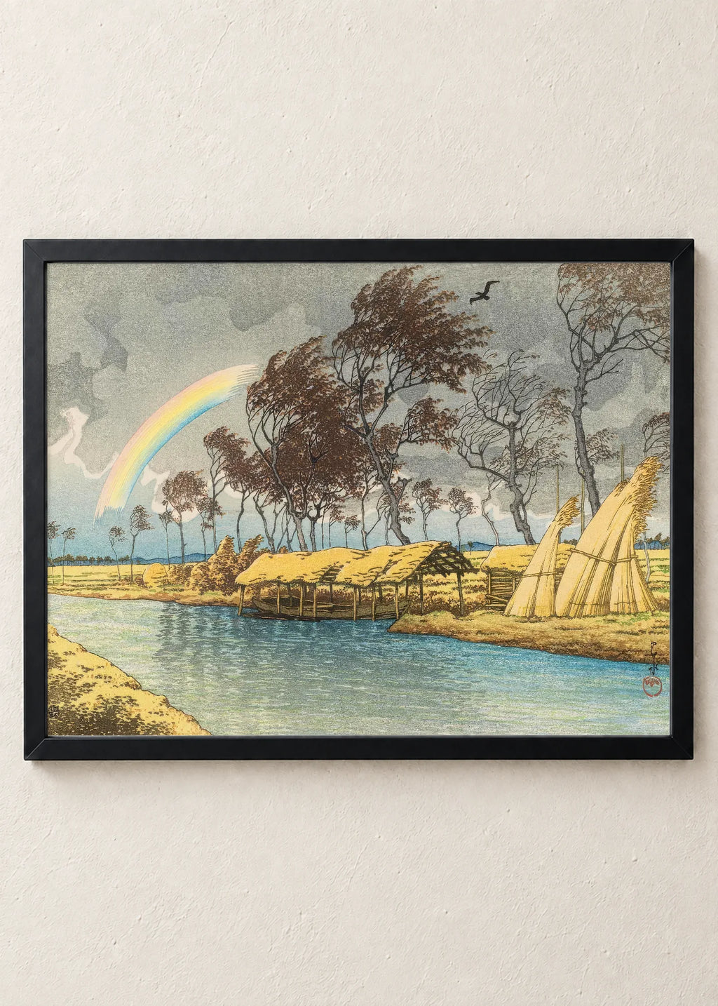 Japan posle kiše: set od 4 postera, Rainbow over River Landscape, u crnim ramu