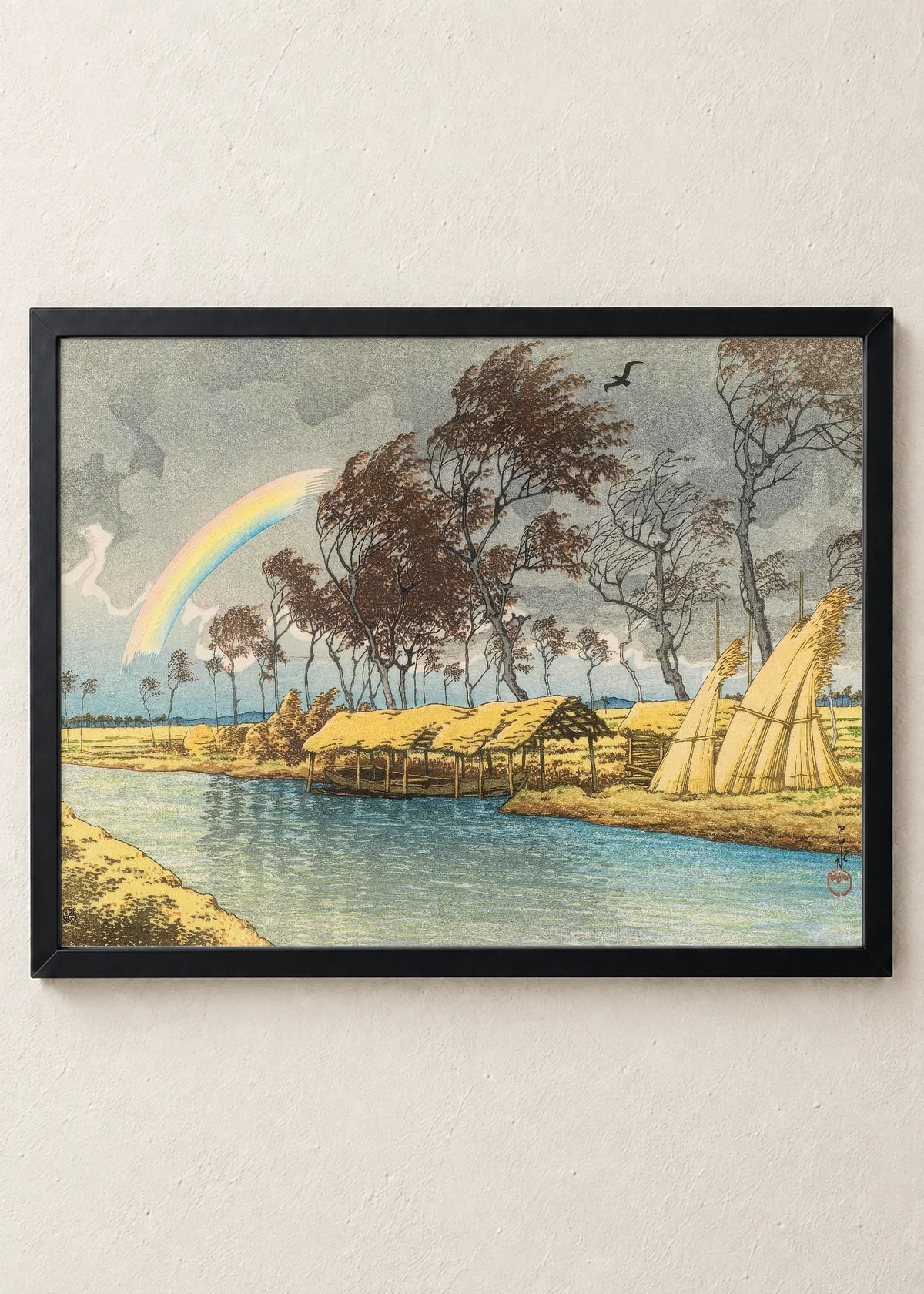 Japan posle kiše: set od 4 postera, Rainbow over River Landscape, u crnim ramu