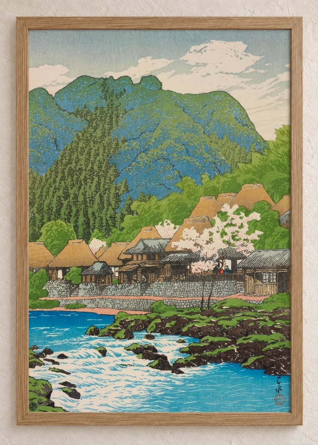 Japanski pejzaži: sela i planine, River Village, Green Mountain, u braon ramu