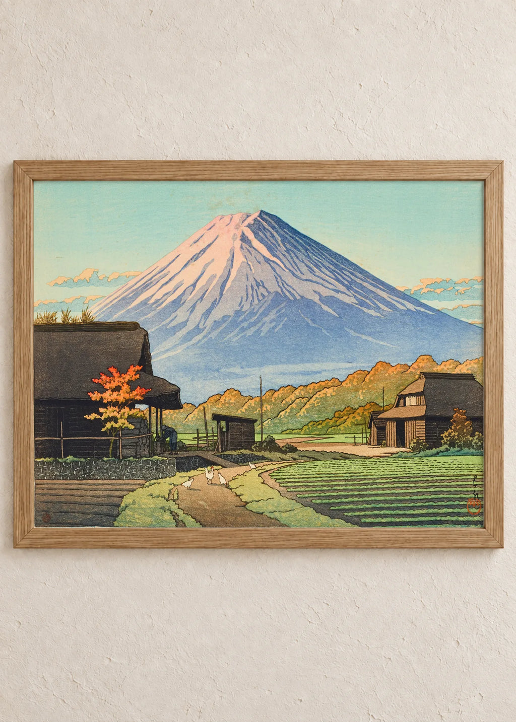 Japanski pejzaži: sela i planine, Mount Fuji, Autumn Village, u braon ramu