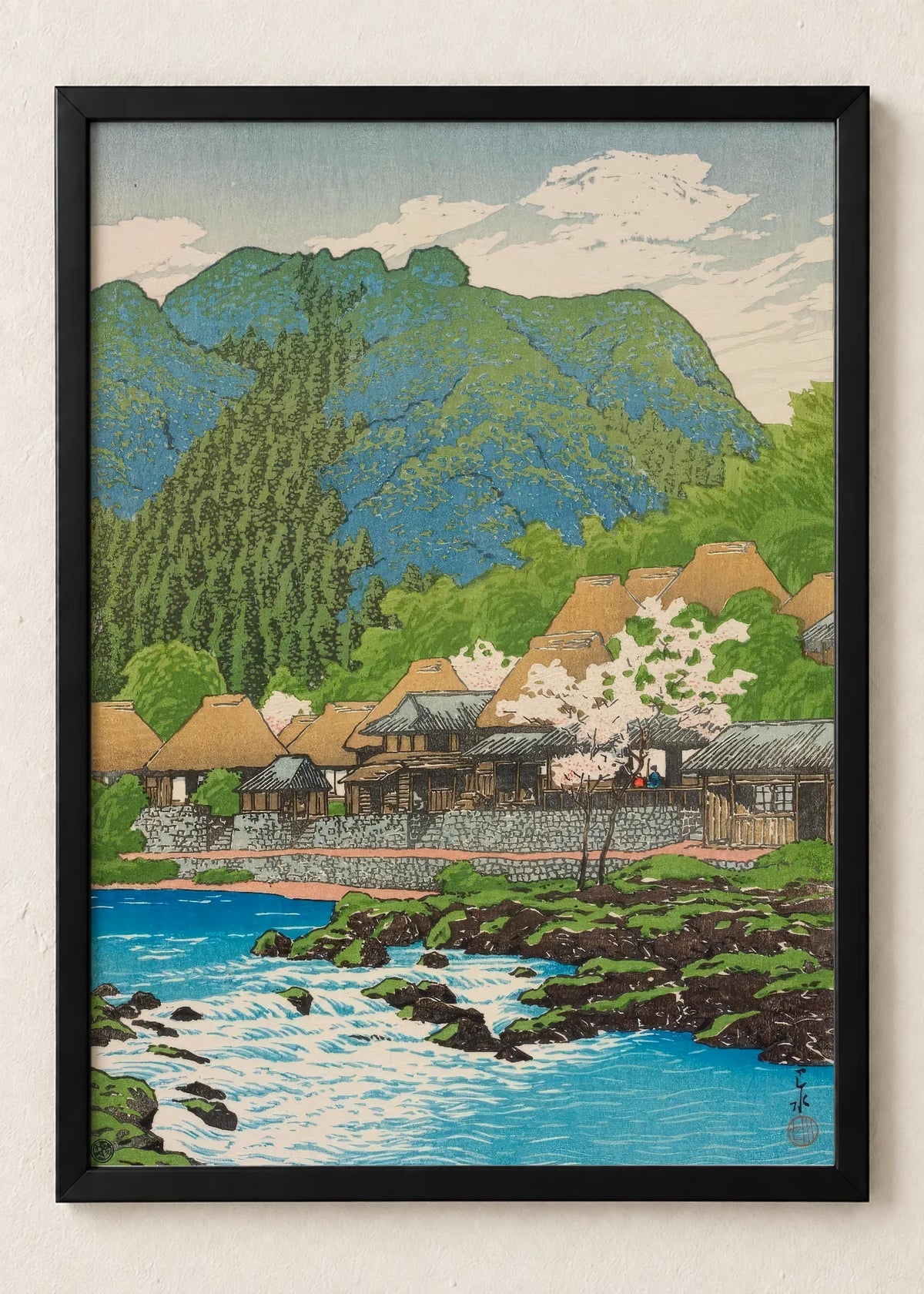 Japanski pejzaži: sela i planine, River Village, Green Mountain, u crnim ramu