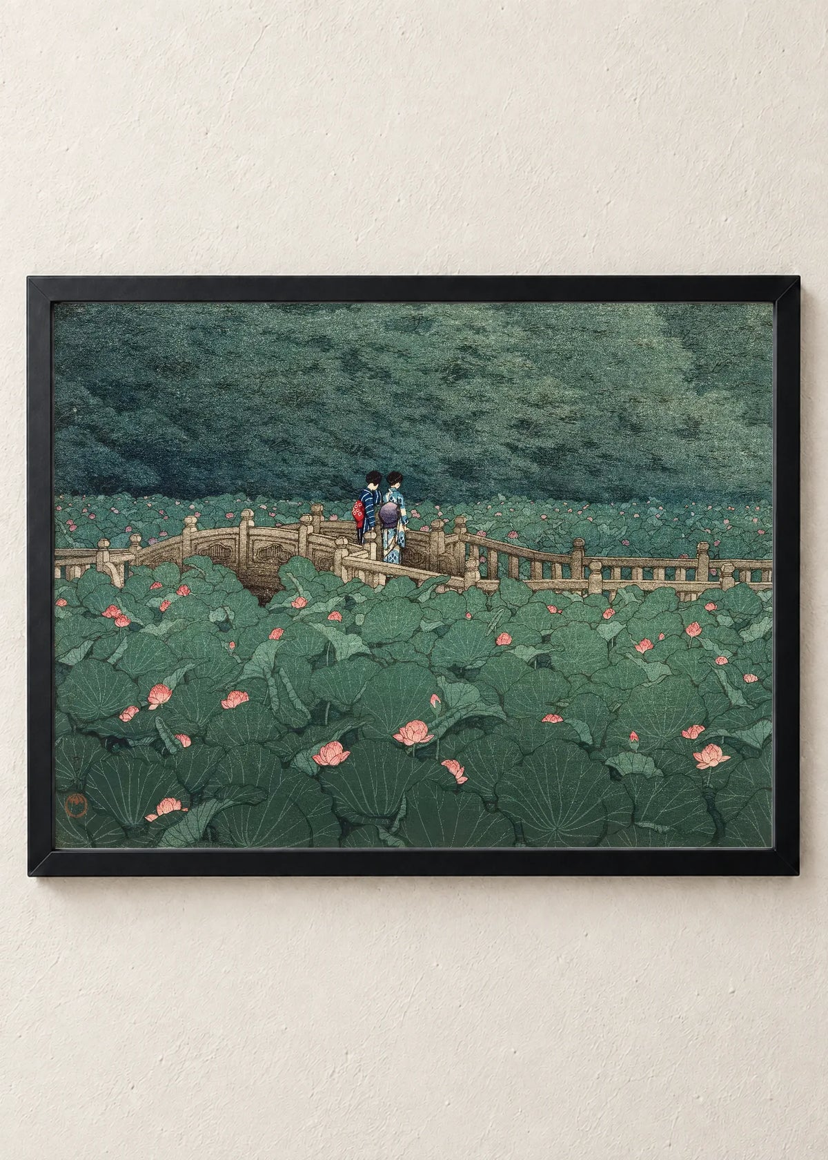 Japanski pejzaži: šuma, lotosi i Fudži, Bridge over Lotus Pond, u crnim ramu