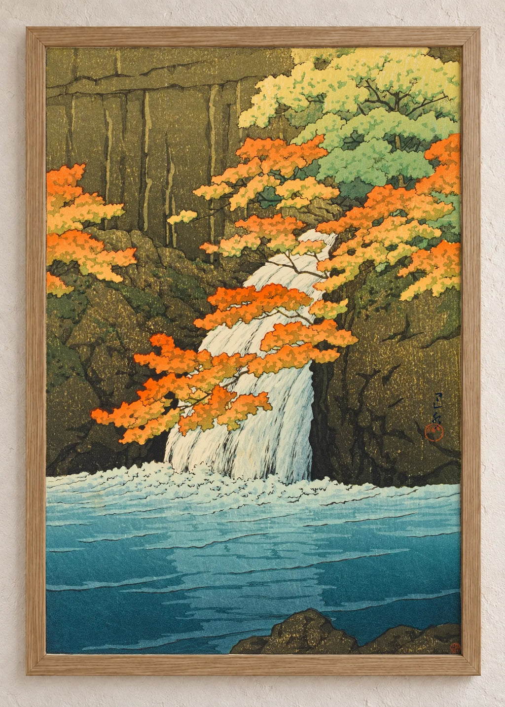 Jesenji pejzaži: Fudži, reka i vodopad, Waterfall, Autumn Leaves, Rocks, u braon ramu