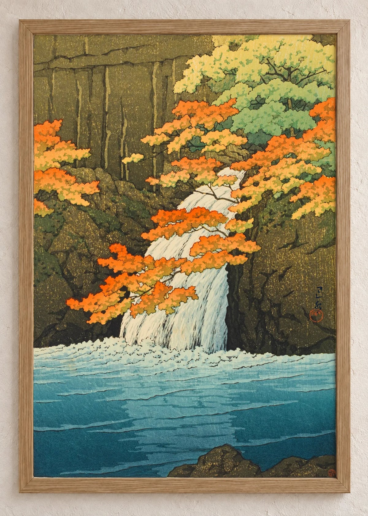 Jesenji pejzaži: Fudži, reka i vodopad, Waterfall, Autumn Leaves, Rocks, u braon ramu