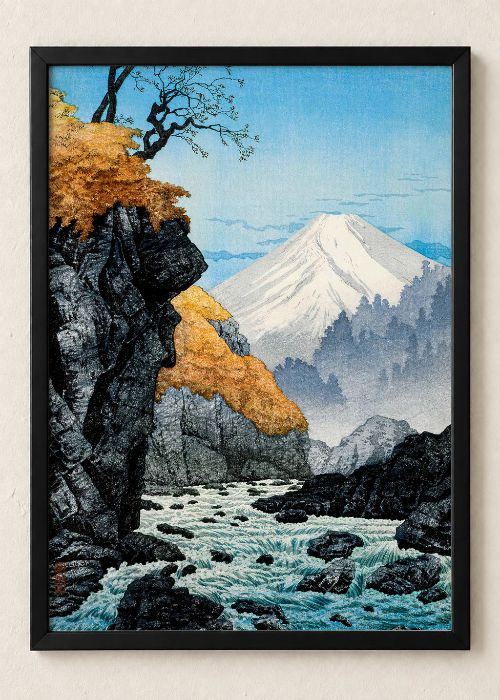 Jesenji pejzaži: Fudži, reka i vodopad, Mount Fuji Through Autumn Gorge, u crnim ramu