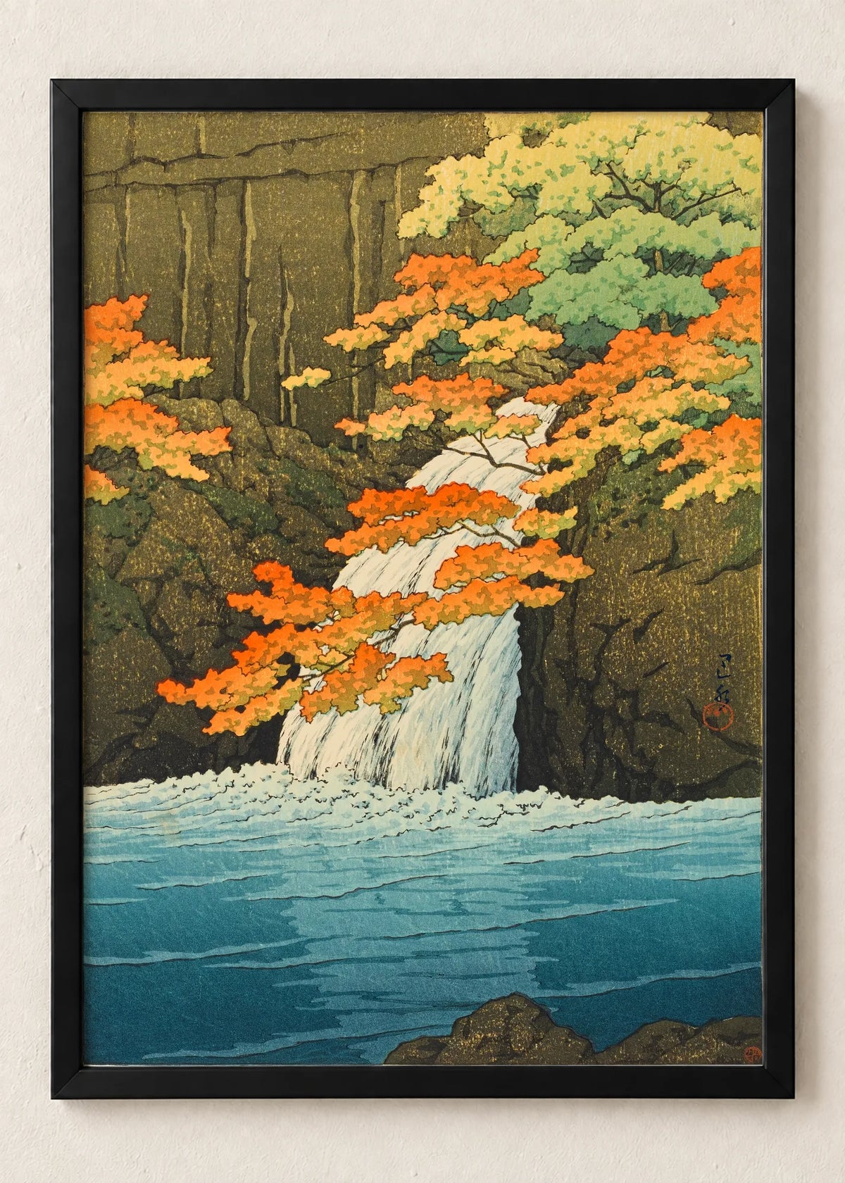 Jesenji pejzaži: Fudži, reka i vodopad, Waterfall, Autumn Leaves, Rocks, u crnim ramu