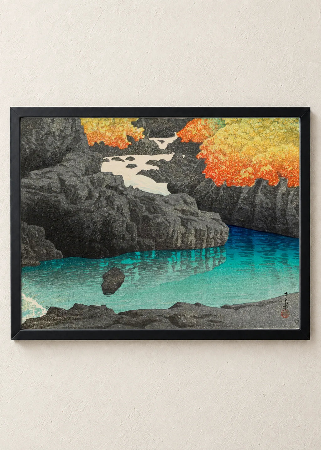 Jesenji pejzaži: Fudži, reka i vodopad, Blue River, Autumn Gorge, u crnim ramu