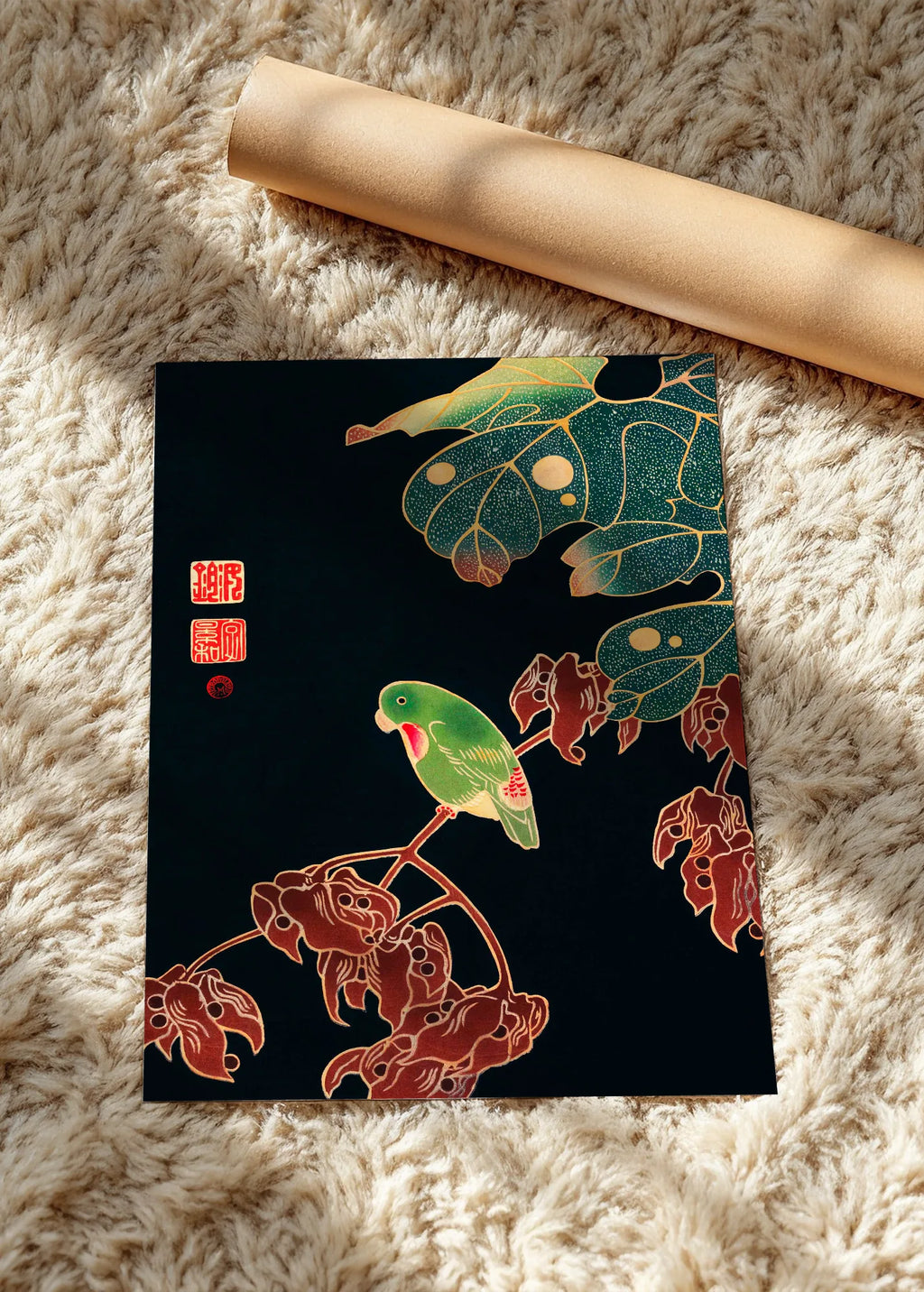 Zeleni papagaj na vinovoj lozi, poster bez rama