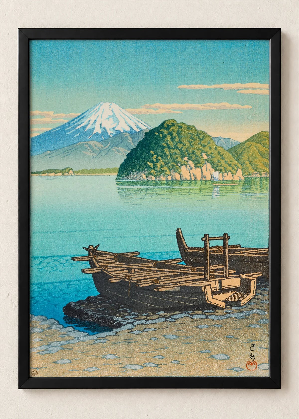 Čamci na obali ispod Fudžija, poster u crnom ramu