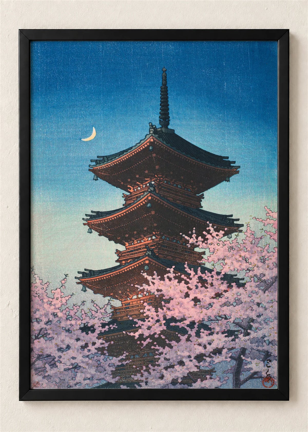 Pagoda, trešnje i mesec, poster u crnom ramu