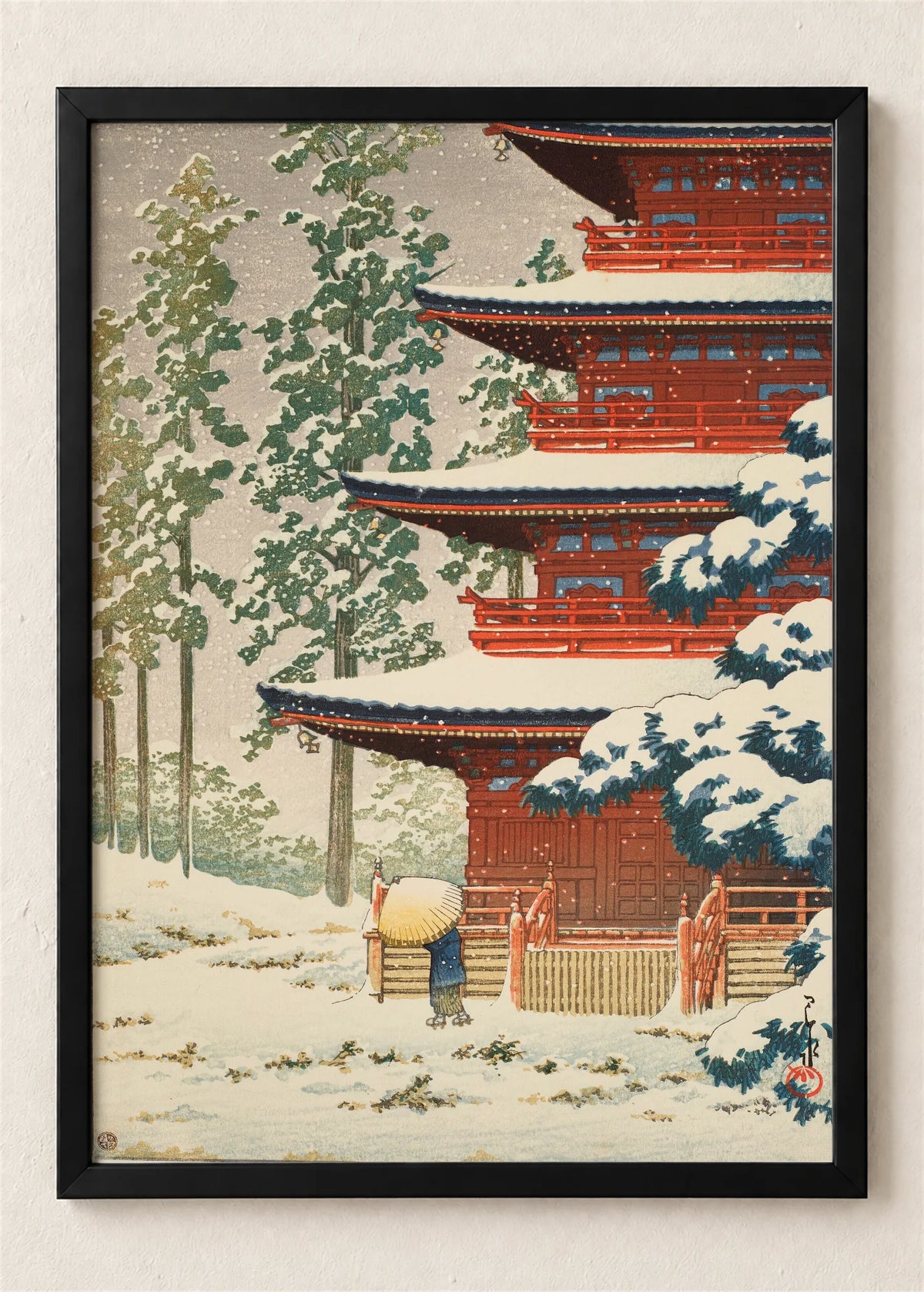 Crvena pagoda u snegu, poster u crnom ramu