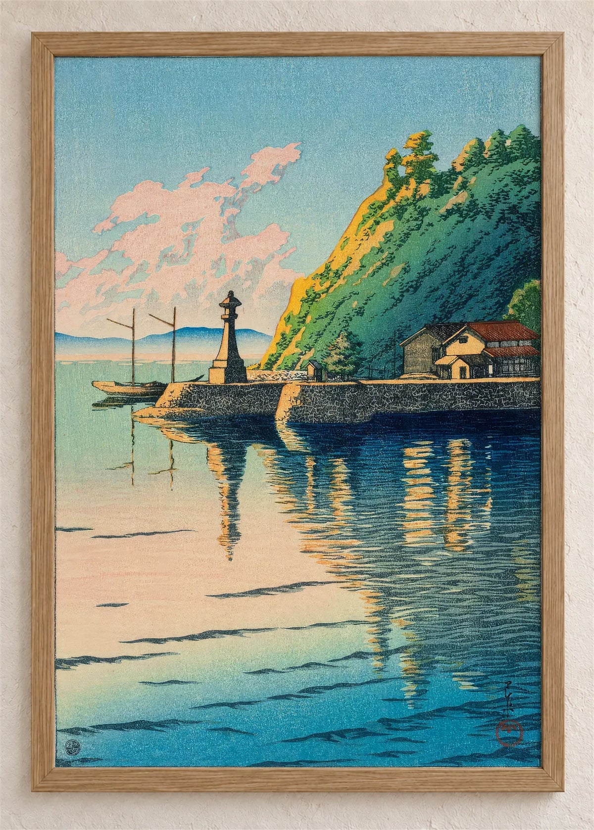 Kameni fenjer u odrazu vode, poster u braon drvenom ramu