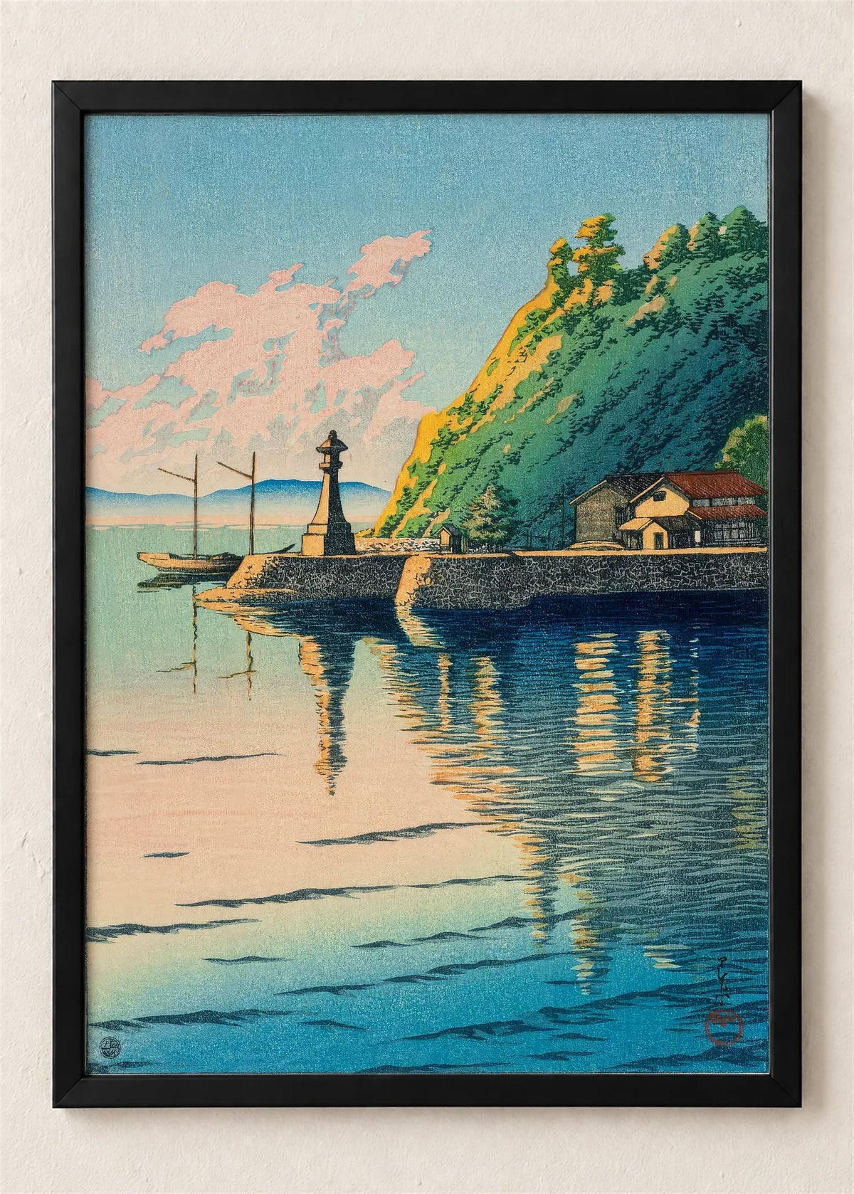 Kameni fenjer u odrazu vode, poster u crnom ramu