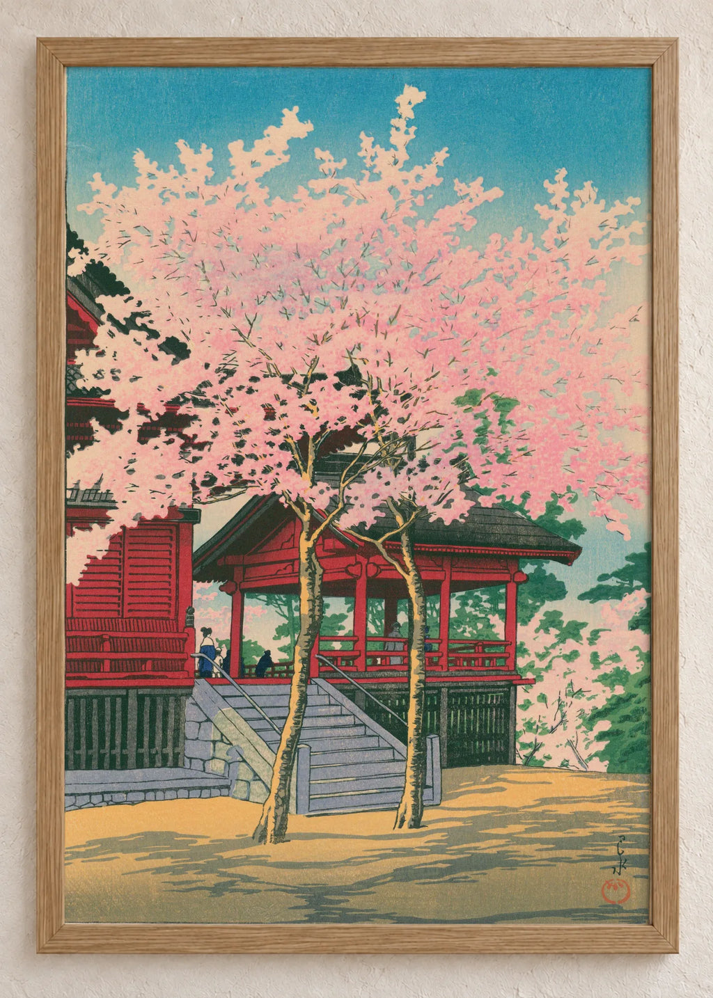 Prolećni mostovi i hramovi: set od 4 postera, Cherry Blossoms at Temple, u braon ramu
