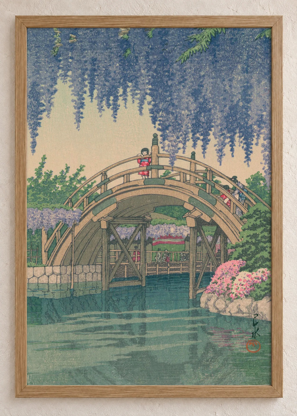 Prolećni mostovi i hramovi: set od 4 postera, Wisteria over Arched Bridge, u braon ramu
