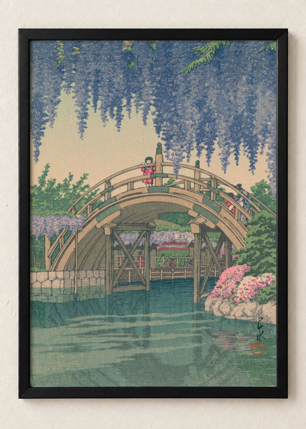 Prolećni mostovi i hramovi: set od 4 postera, Wisteria over Arched Bridge, u crnim ramu
