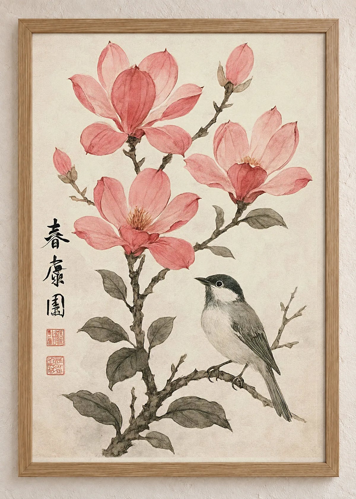 Ptice i cvetne grane: set od 3 postera, Magnolia and Bird, u braon ramu