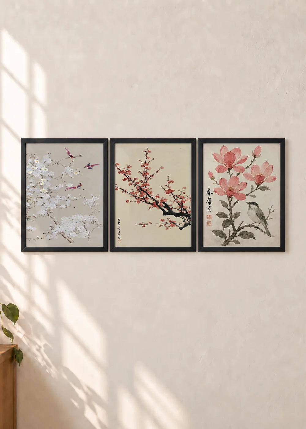 Ptice i cvetne grane: set od 3 postera, ceo set u crnim ramovima