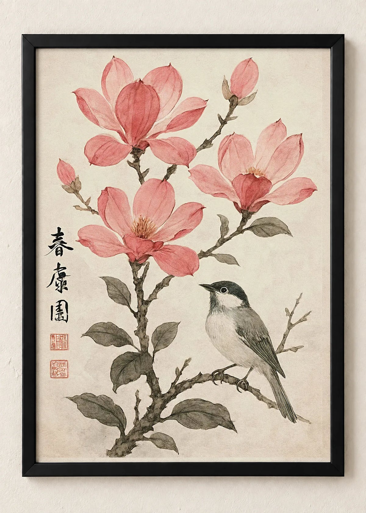 Ptice i cvetne grane: set od 3 postera, Magnolia and Bird, u crnim ramu