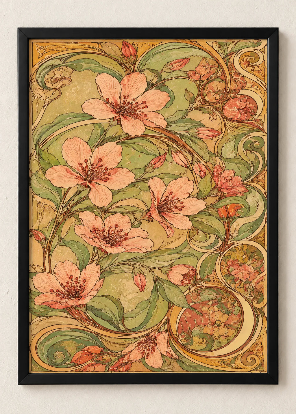 Secesija: portreti i cvetovi, Art Nouveau - cvetni ornament sa ljiljanima, u crnim ramu