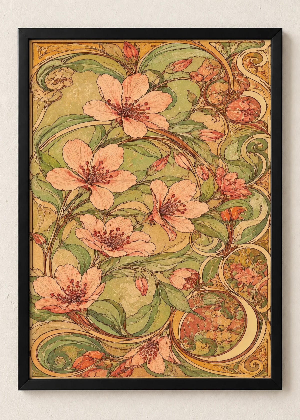 Secesija: portreti i cvetovi, Art Nouveau - cvetni ornament sa ljiljanima, u crnim ramu