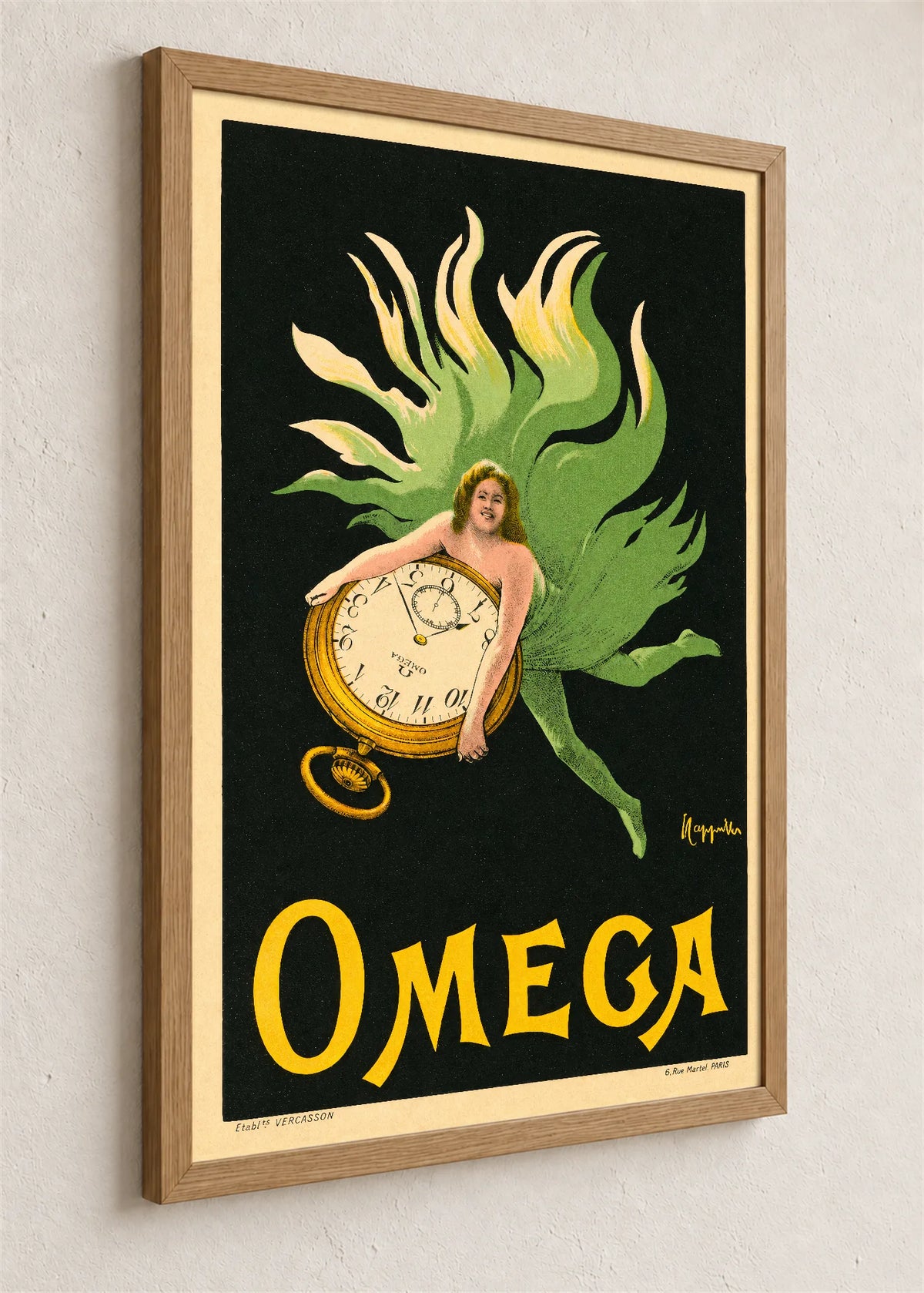 Omega, reklamni plakat, braon ram iz ugla