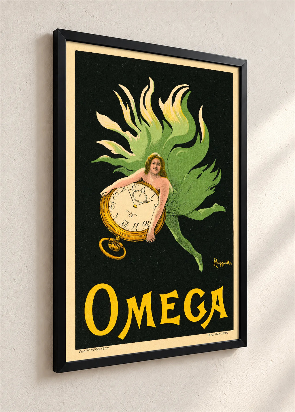Omega, reklamni plakat, crni ram iz ugla