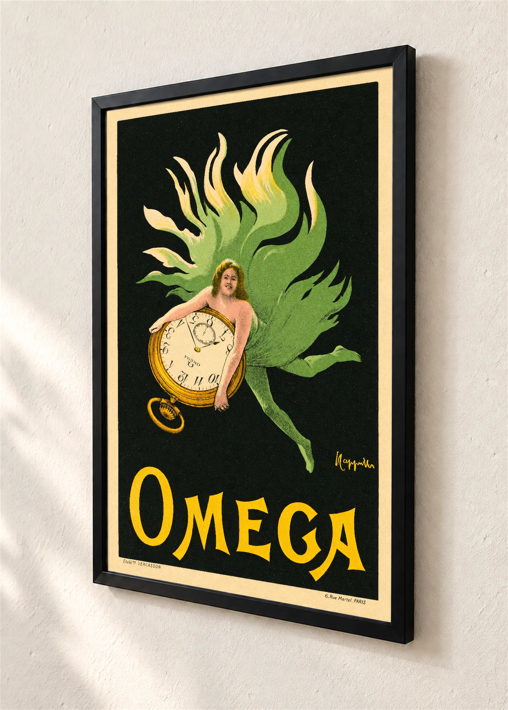 Omega, reklamni plakat, crni ram, detalj