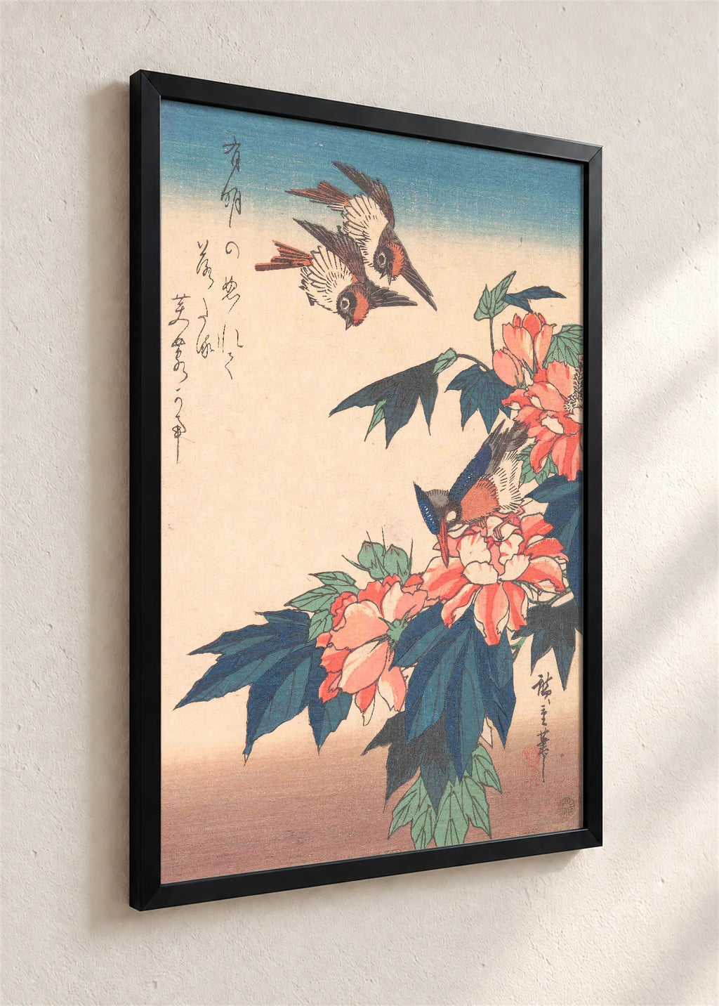 Vodomar i božuri, crni ram iz ugla