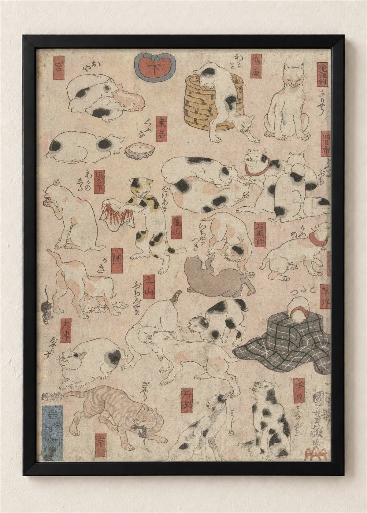 Mačke kao stanice puta Tokaido, poster u crnom ramu