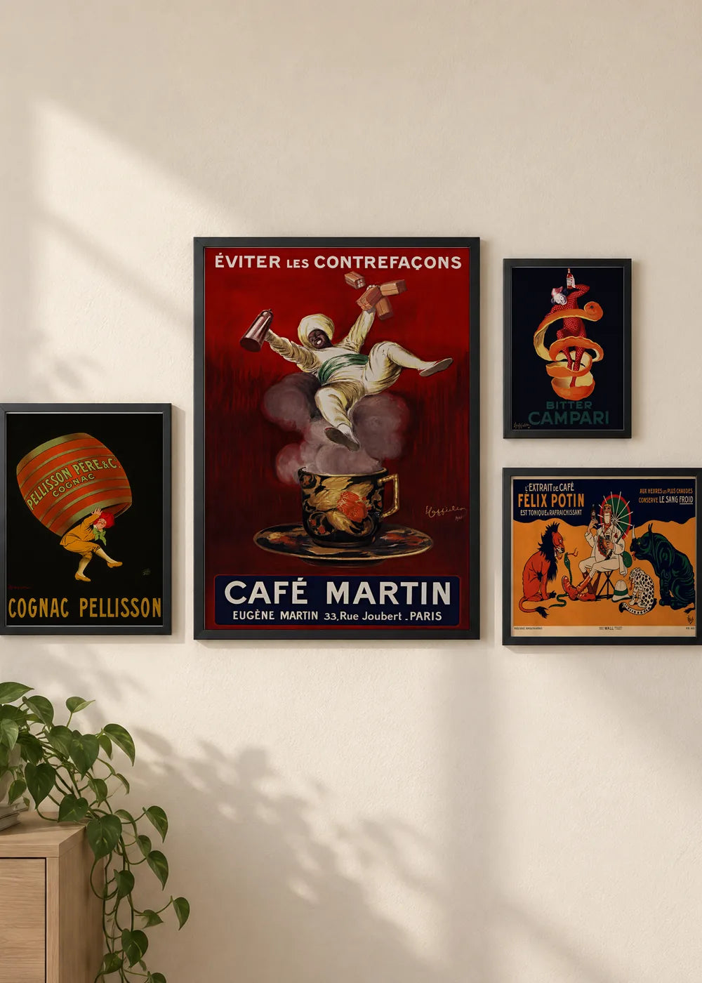 Vintage reklame: kafa, konjak i Campari, ceo set u crnim ramovima