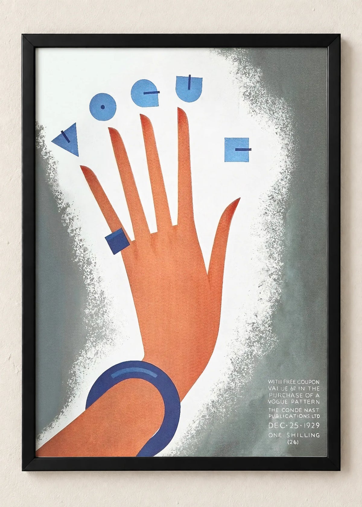 Vogue: fantazija i geometrija, Vogue, šaka sa geometrijskim slovima, decembar 1929, u crnim ramu