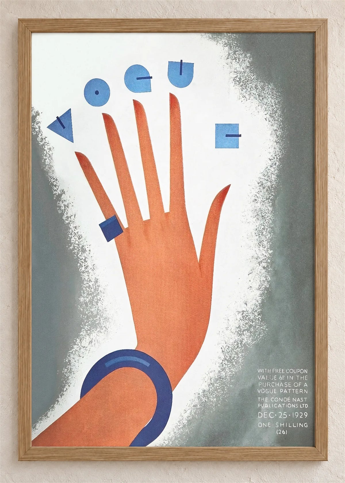 Vogue, ruka i geometrijska slova, 1929., poster u braon drvenom ramu