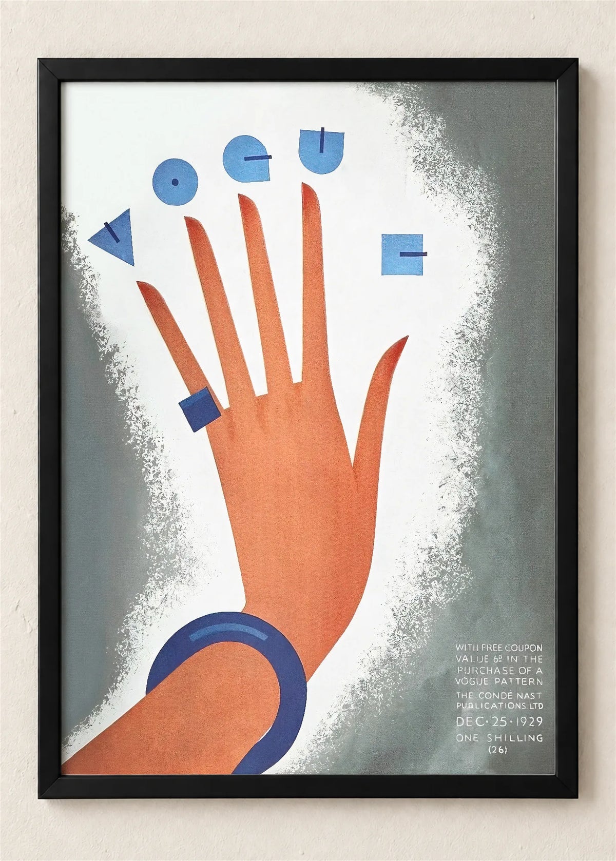 Vogue, ruka i geometrijska slova, 1929., poster u crnom ramu