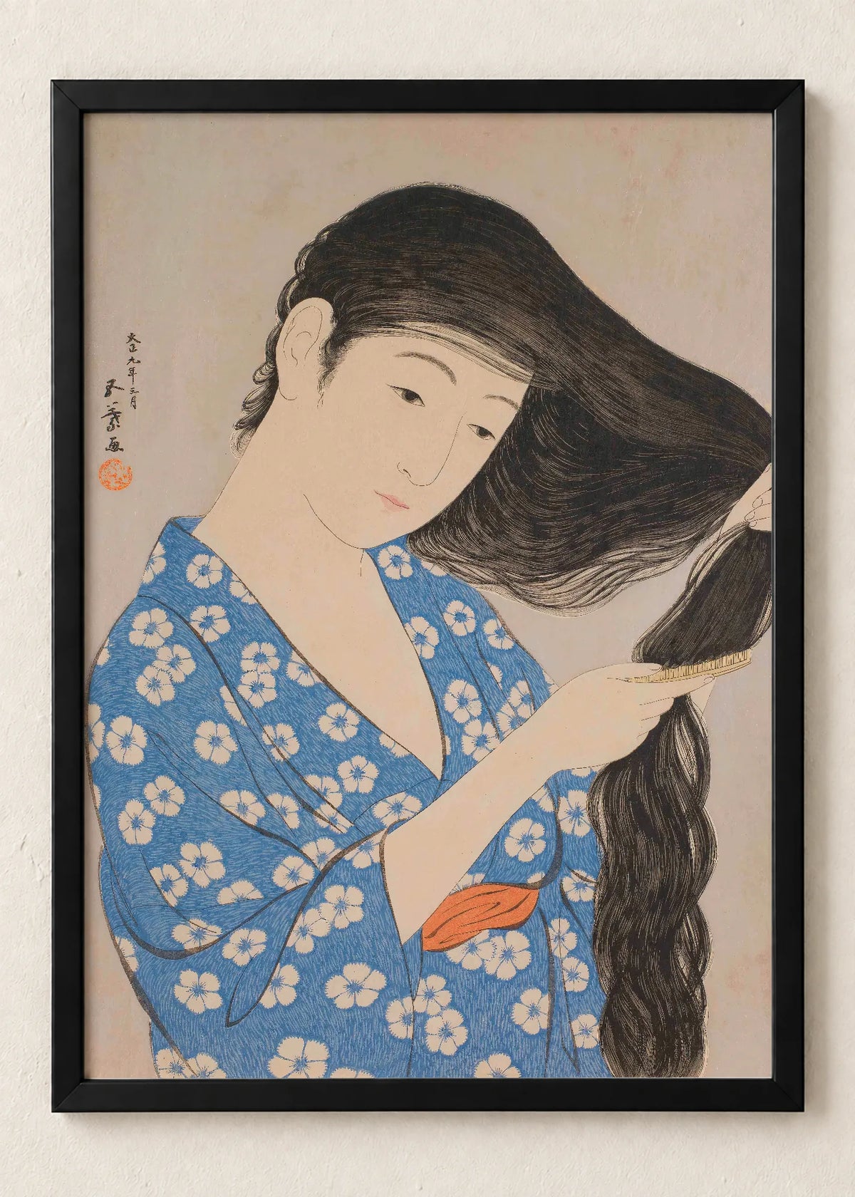 Žene u kimonu: set od 3 postera, Woman Combing Her Hair, u crnim ramu