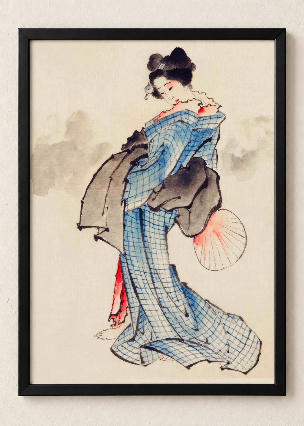 Žene u kimonu: set od 3 postera, Woman with a Fan in Checkered Kimono, u crnim ramu