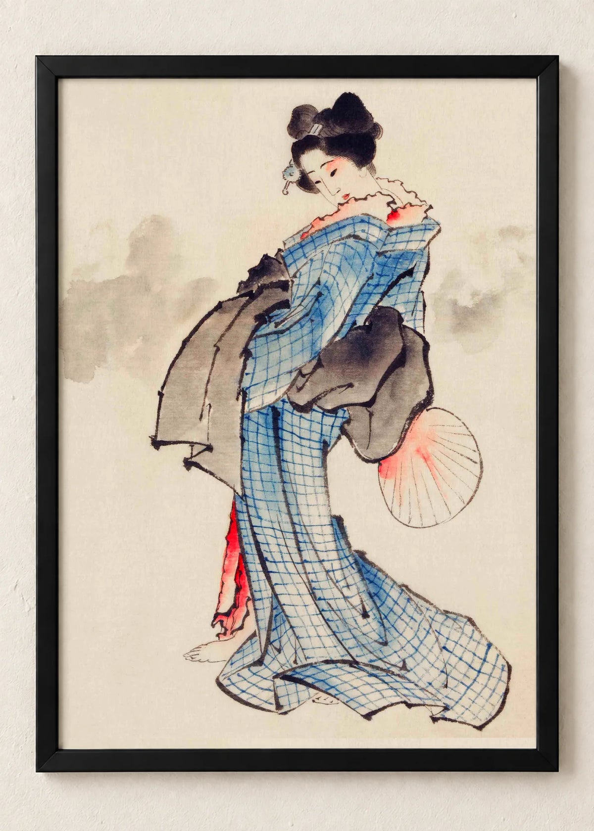 Žene u kimonu: set od 3 postera, Woman with a Fan in Checkered Kimono, u crnim ramu